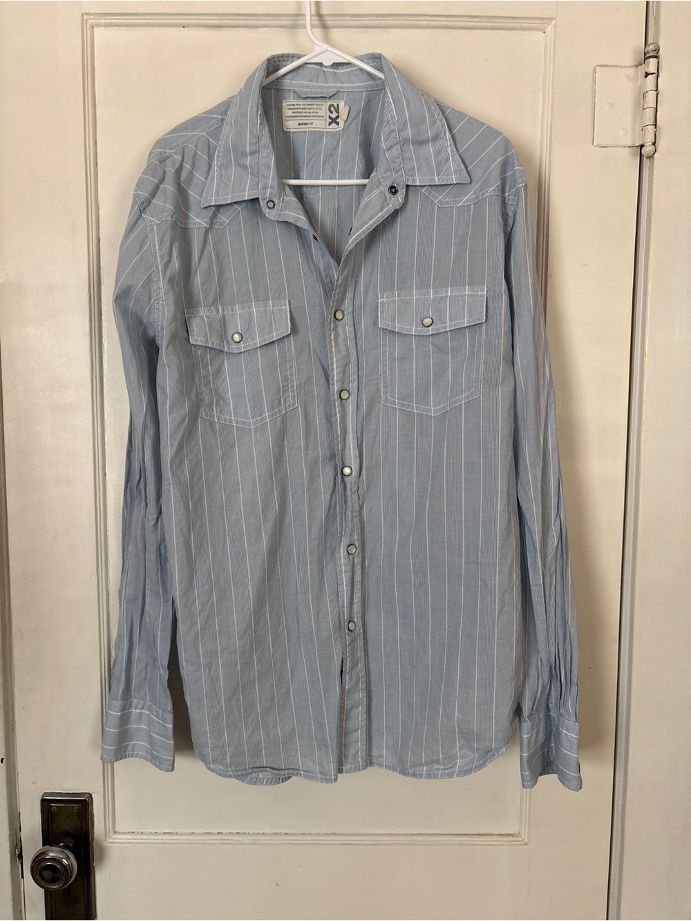 Men's Light Blue Pinstripe Button-Up Shirt by X2 Express - size XL